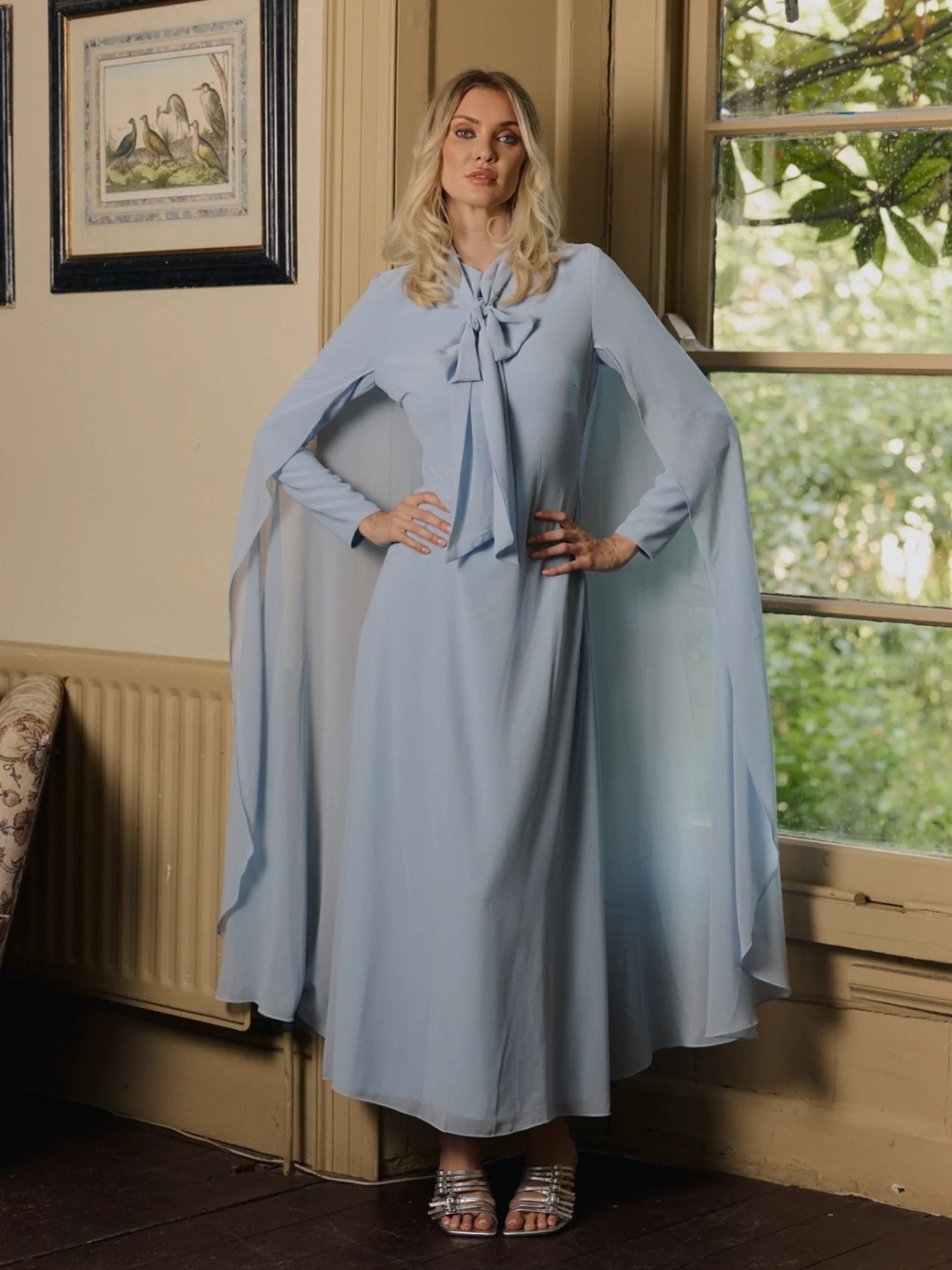Elegant Light Blue Cape Dress with Bow Tie Neck